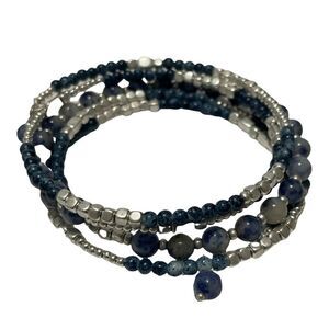 Sodalite gemstone Silver Beaded memory wire bracelet Lapis